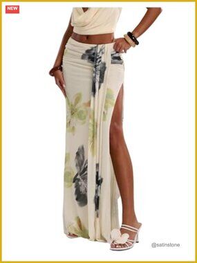 Women's Floral Print Ruched Bodycon Maxi Low Waisted Long Skirt